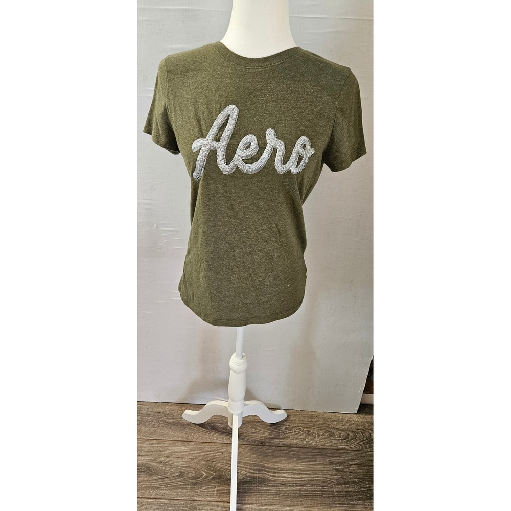 Aeropostale Womens Aero Logo Graphic Tee Heather Olive Green Short Sleeve Shirt